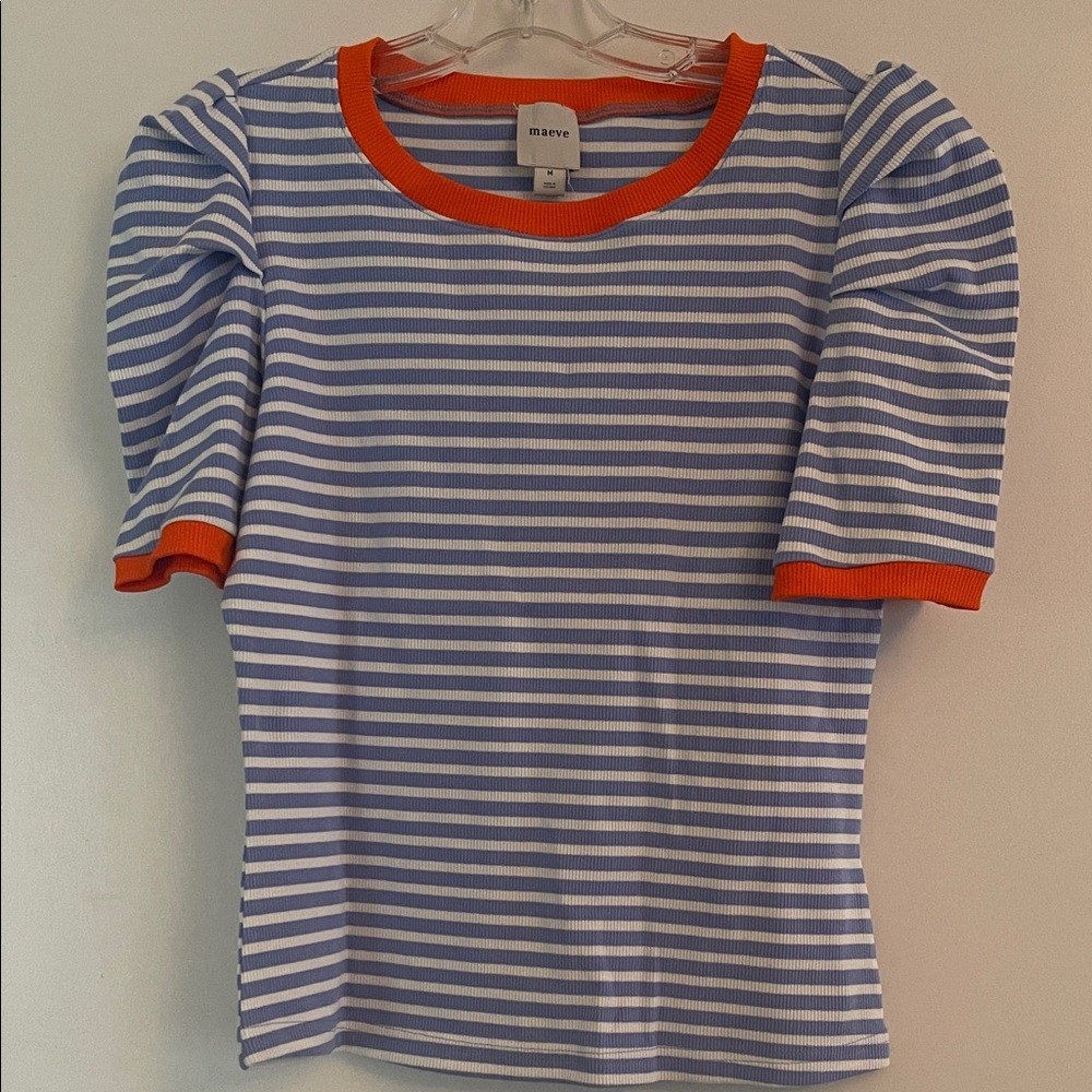 Maeve Blue and White Striped Tee with Orange Accents